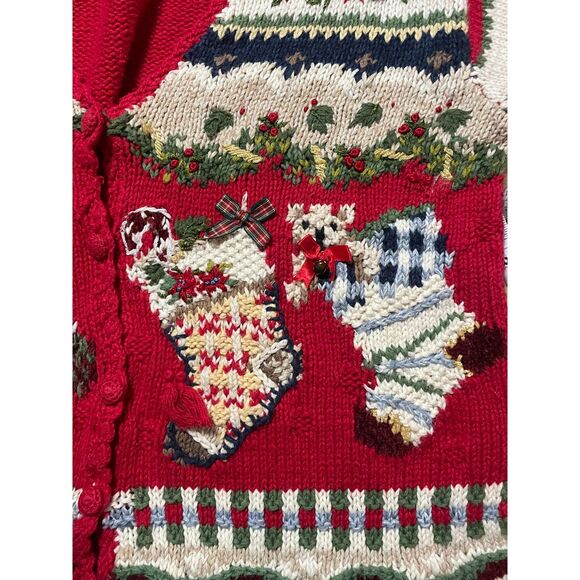 Vintage 1990s Heirloom Collectibles Christmas Cardigan Sweater L Red Knit - Picture 9 of 14
